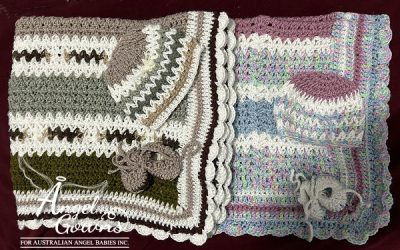 Crocheted matching blankets, beanies and booties